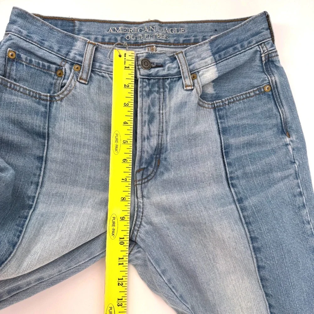American Eagle Size 8 Vintage Hi-Rise Two Tone Paneled Jeans Blue Cotton Frayed - Picture 6 of 8